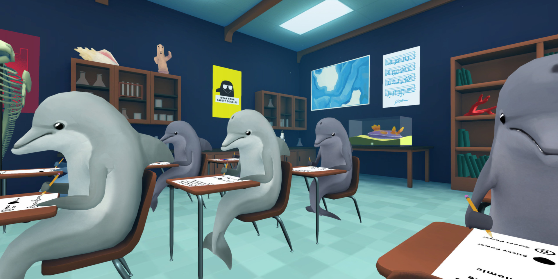 A group of dolphins sitting at desks in a classroom, learning if you will.